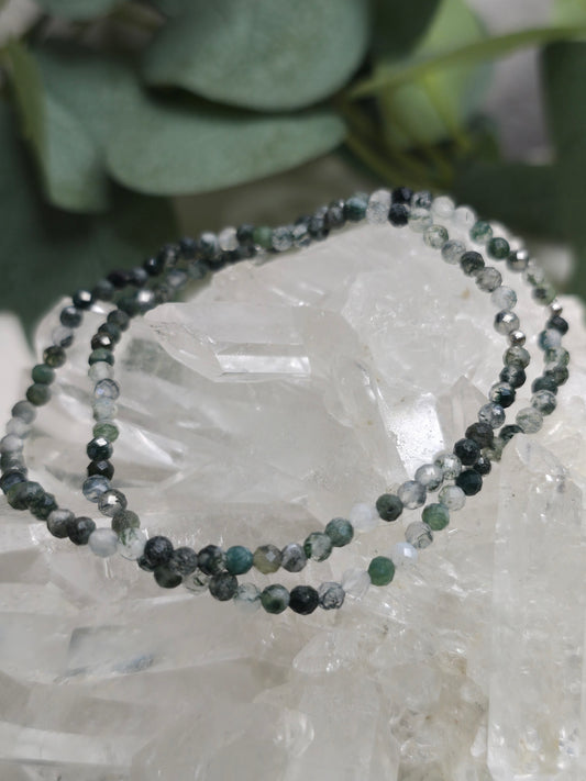 Armband Moosachat – facettierte 3 mm Perlen mit 925er Silber