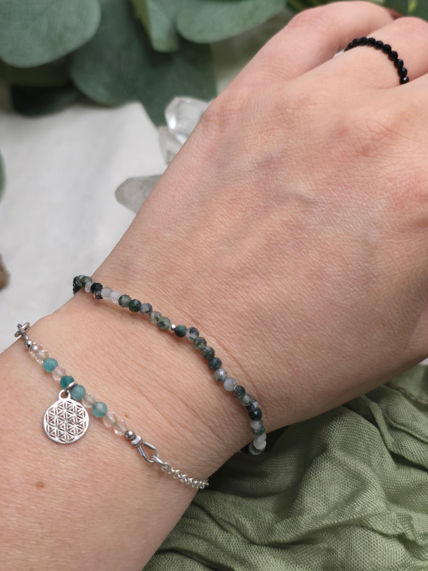 Armband Moosachat – facettierte 3 mm Perlen mit 925er Silber