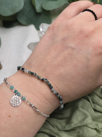 Armband Moosachat – facettierte 3 mm Perlen mit 925er Silber