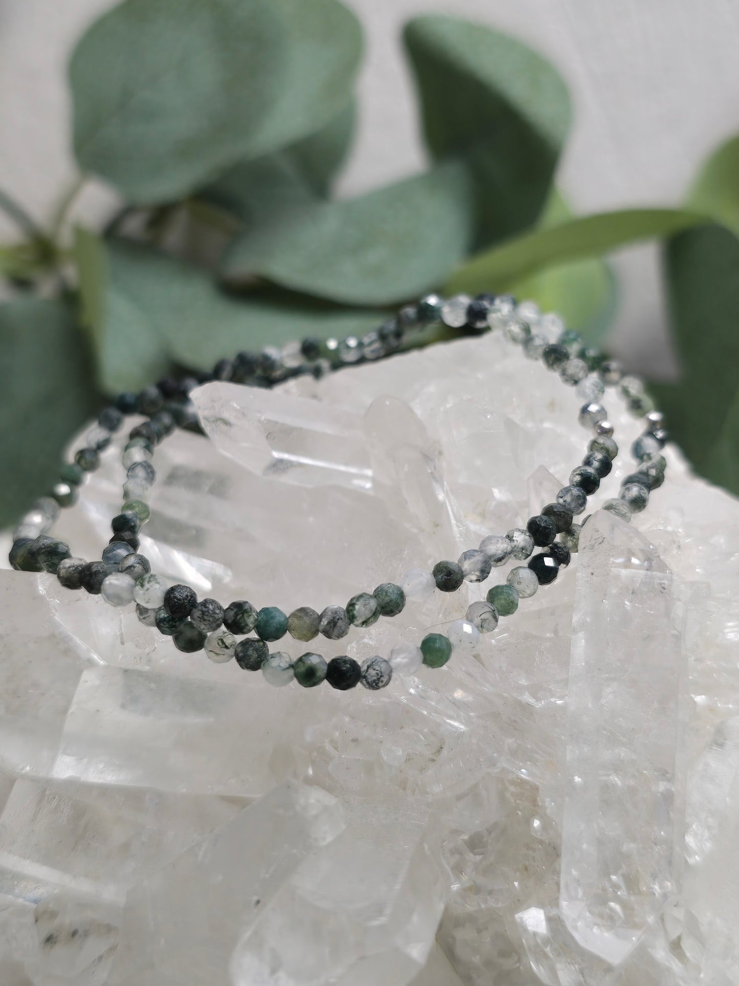 Armband Moosachat – facettierte 3 mm Perlen mit 925er Silber