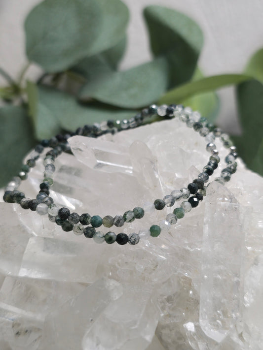 Armband Moosachat – facettierte 3 mm Perlen mit 925er Silber